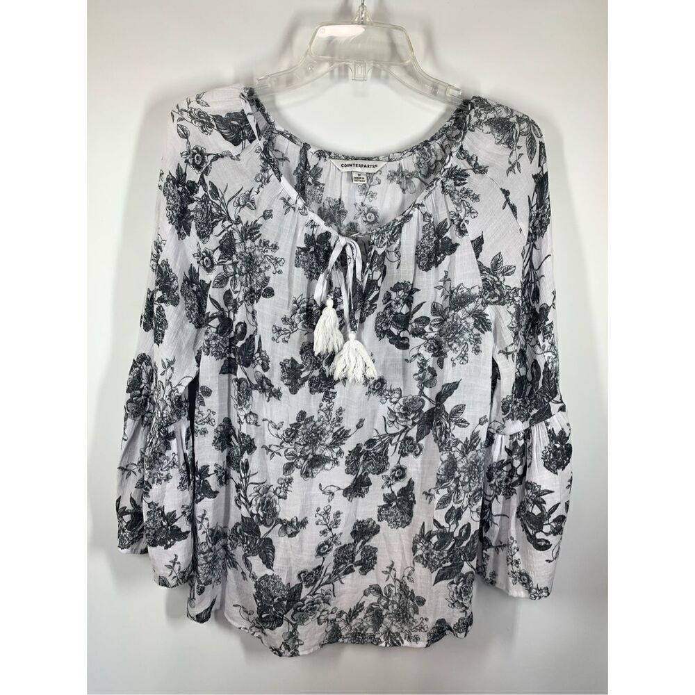 Counterparts Women's Floral Print Tie Front Peasant Blouse White Black Medium